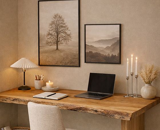 Scrivania ANDREW in rovere massello con sedia e laptop